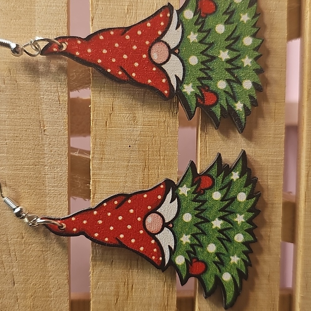 Wooden Festive Gnome Christmas Tree Earrings - Picture 2 of 3